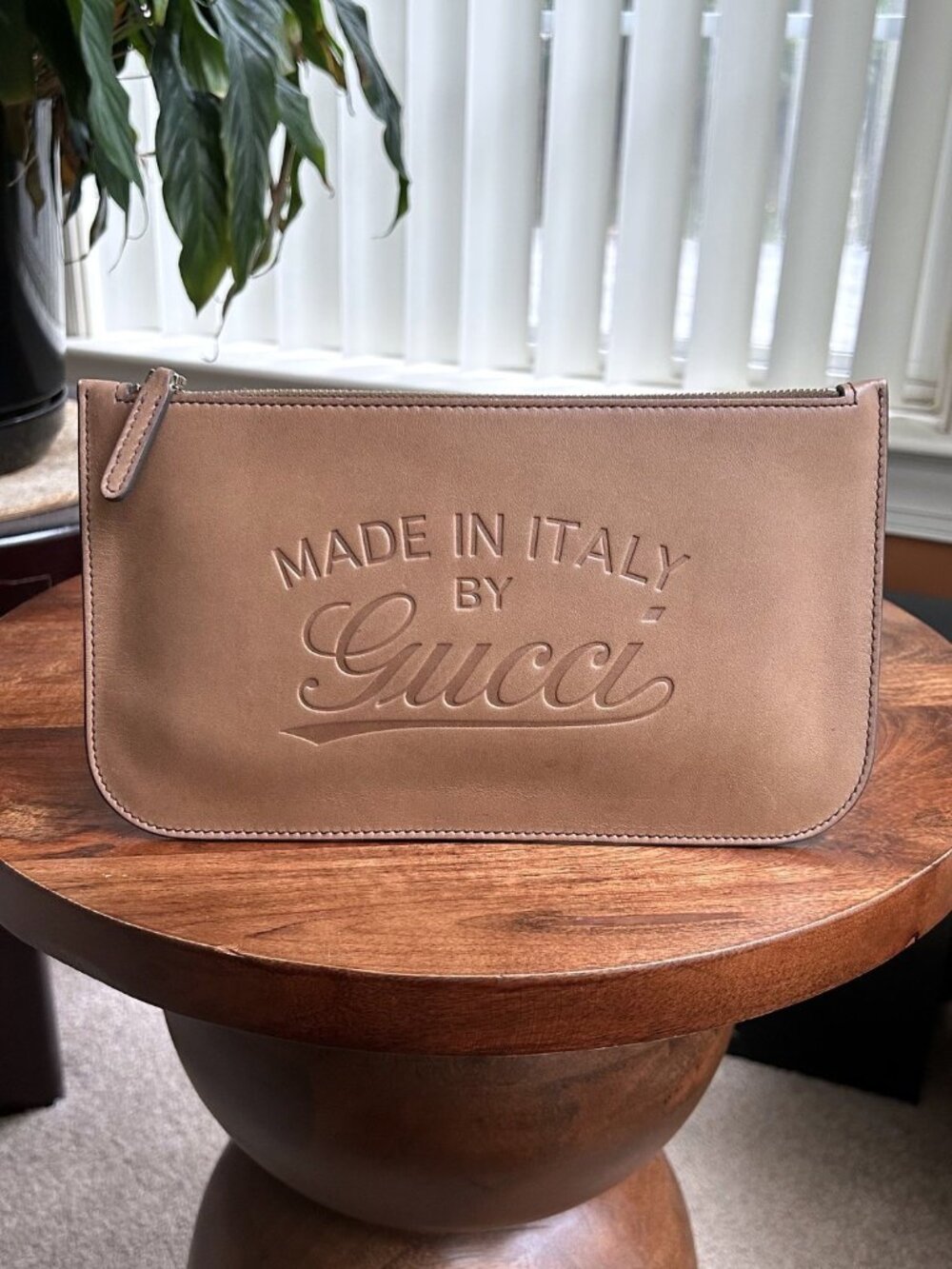 GUCCI Calfskin Embossed Pouch, Tan